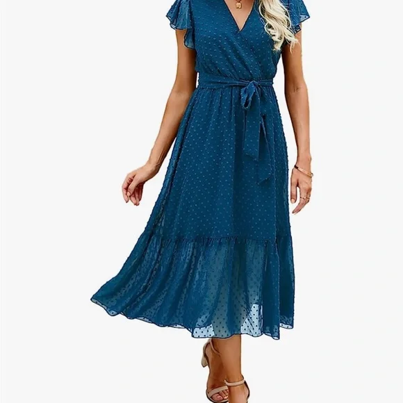 Dresses | Bohemian Blue Flare Dress W Twirl And Polka Dot Etching And  Flutter Sleeves | Poshmark